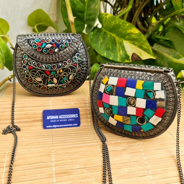 Antique handcrafted mosaic mini brass bag black polish