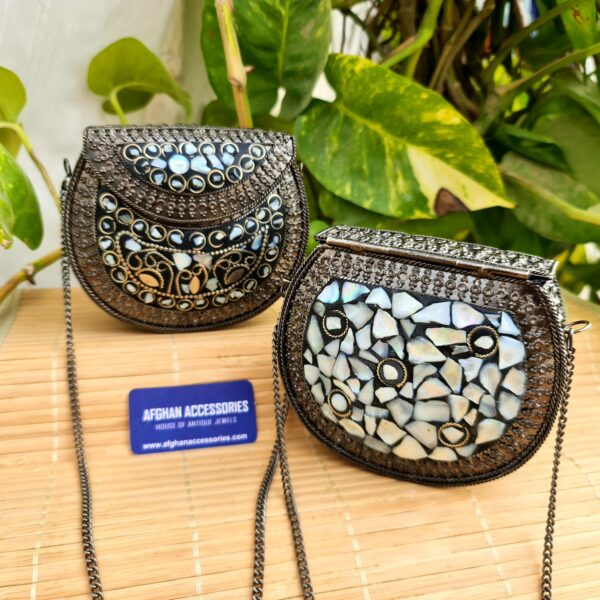 Amtique handcrafted mosaic mini brass bag in black polish