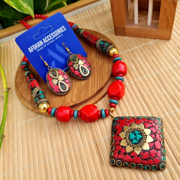 Antique stone mosaic pendent mala set