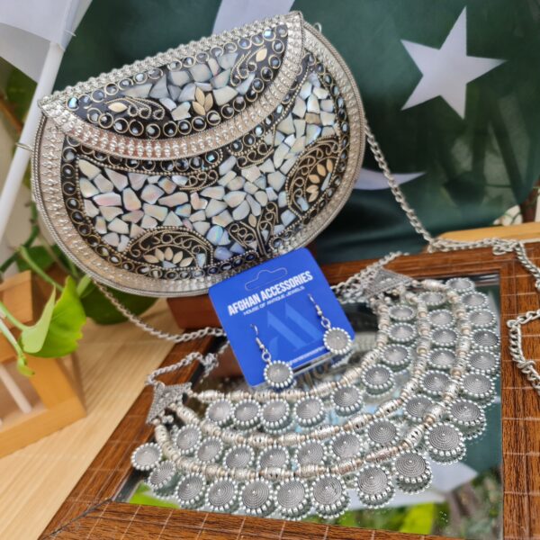handmade mosaic silver clutch with mala set