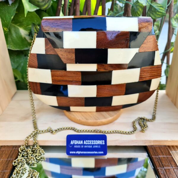 Antique handcrafted wooden mosaic clutch