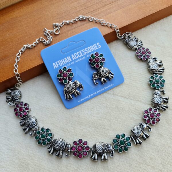Premium oxidized elephant polki necklace set