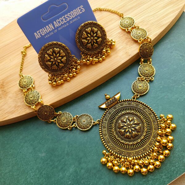 Antique oxidized round coin pendant set