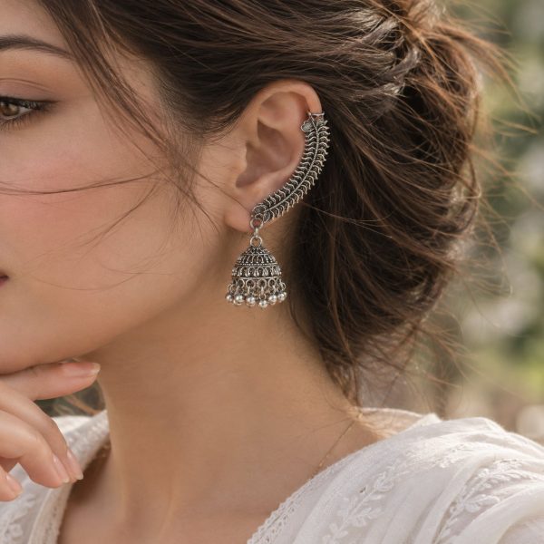 Antique oxidized ear cuff with carved detailing, silver-tone beads and jhumka drop