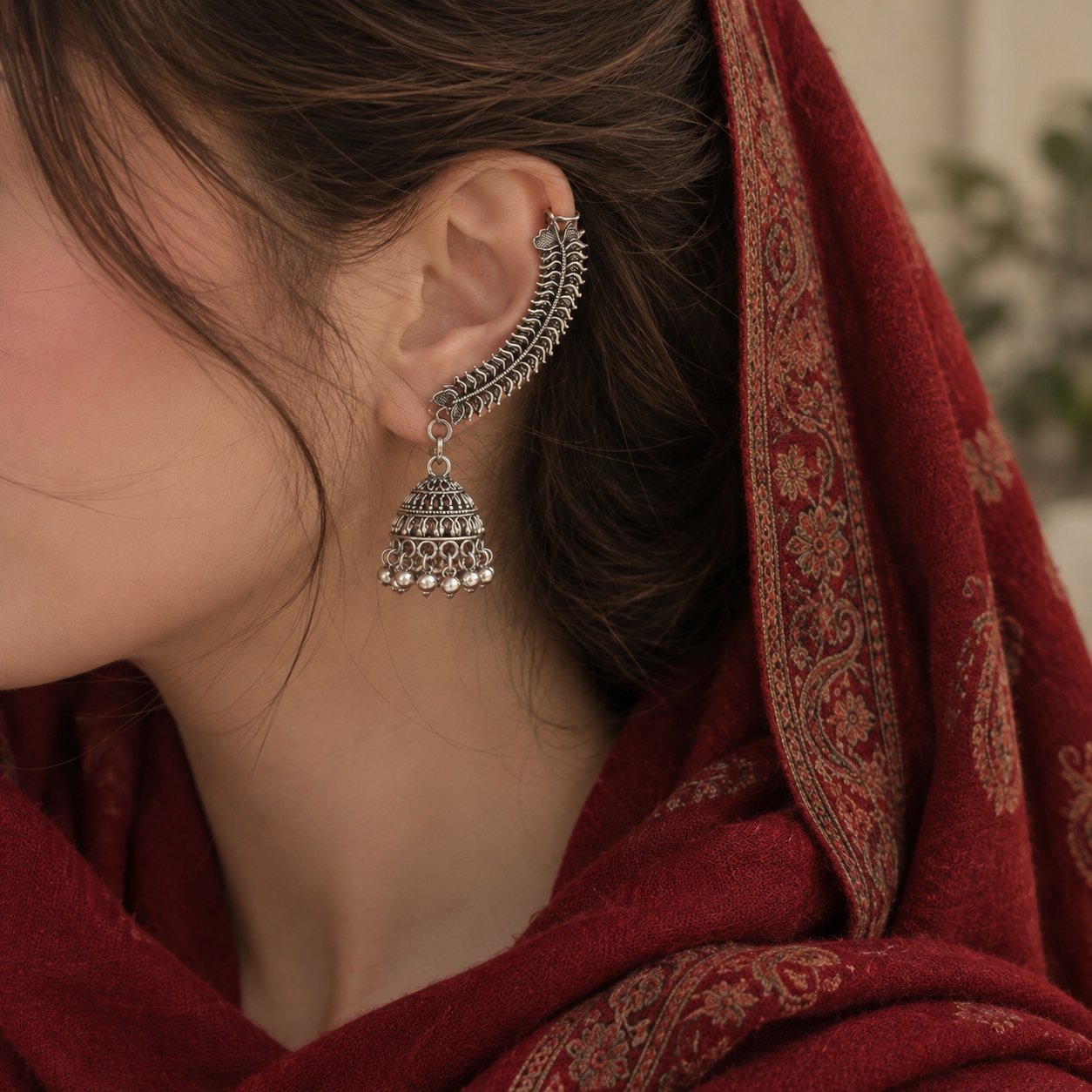 file_0000000057a481fa8266499dd155a041 Antique oxidized peacock ear cuff with hanging silver beads and jhumka drop