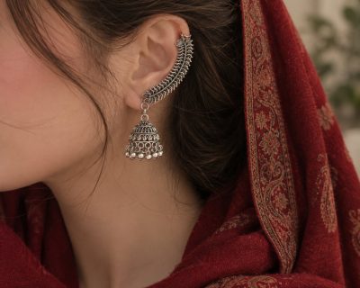 Antique oxidized peacock ear cuff with hanging silver beads and jhumka drop