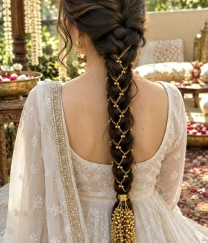 Antique golden bridal ghunghroo parandah with long ornamental flower tassels